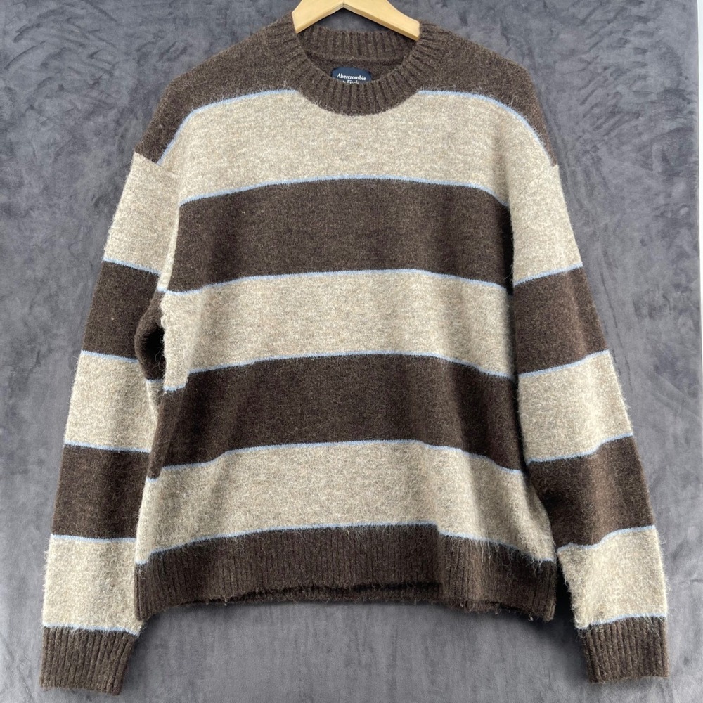 Abercrombie & Fitch Mens Brown Tan Striped Fuzzy Crewneck Sweater Medium